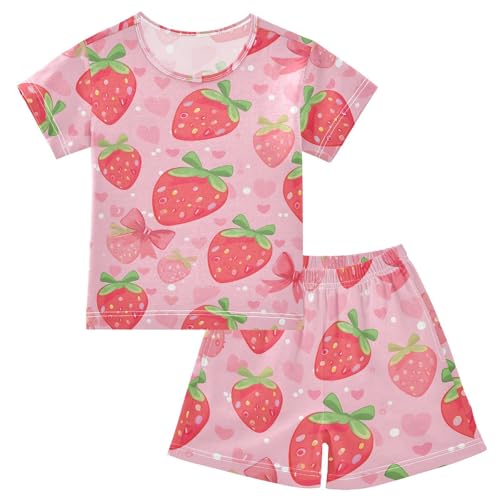 ALAZA Strawberry Love Heart Fruit Bow Pajamas Short Sleeve 2 Piece Sleepwear Top and Bottom Pajama Set Unisex
