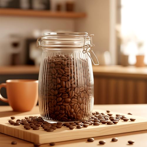 Image of 32 oz Wide Mouth Glass Mason Jars with Airtight Lid 9 Pack, Glass Canister, Striped Clip Fastening Jar for Kitchen Storage Canning, Oat, Coffee, Pasta, Snack, Nut, Candy and Pickling Food