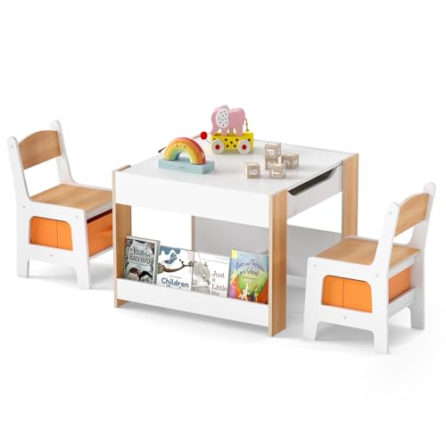 INFANS Kids Table and Chair Set, 4 in 1 Building Block Wooden Activity Desk with Reversible Tabletop Storage Drawers Bookshelves for Toddlers Art Craft Learning Reading Drawing Playroom (Natural)