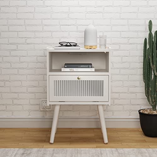 Soowery Mid Century Modern Nightstand With Charging Station, Bedside Tables With Glass Decorative Door, End Table Side Table With 2 Tiers Storage Space, For Bedroom, Living Room, White #TOP1