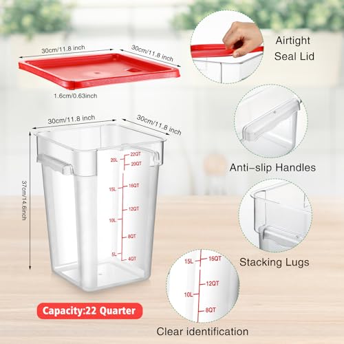Image of Suclain 2 Pcs Square Food Storage Container Polycarbonate Clear Food Container with Lid Commercial Rice Storage with Graduations for Commercial Kitchen(22 Qt,Red)