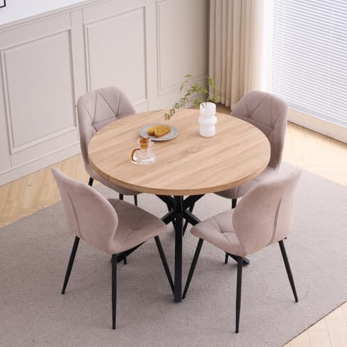 JZGORC Juego de Mesa y Sillas de Comedor, Mesa de Comedor Redonda de 100 * 100 * 76.5 cm y 4 Sillas Modernas de Lino, para Comedor, Cocina, Sala de Estar, Textura Clara + Beige