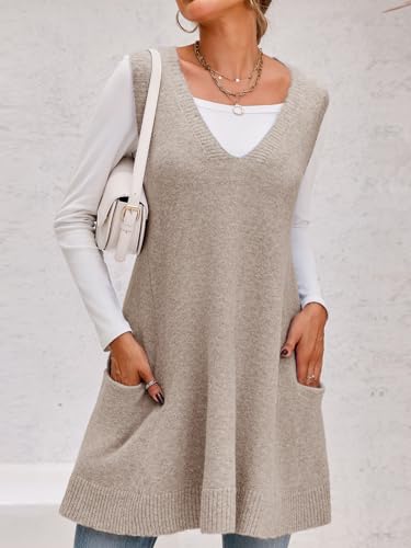 Saodimallsu Womens Sleeveless Sweater Vest V Neck Loose Knit Casual A Line Flattering Tunic Top With Pockets Khaki thumb #3