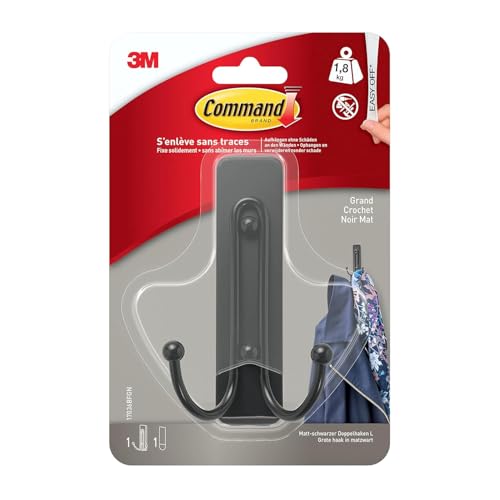 Command 17036BFGN Large Matt Black Double Hook, 17036B, 1 Hook, 1 Strip, Black