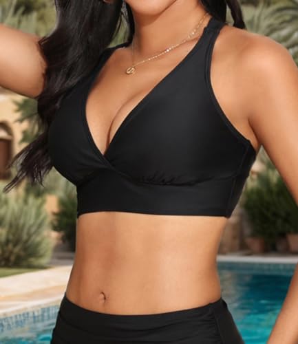 Amy Babe Sportliches Damen-Bikinioberteil, verstellbare breite Träger, große Brust, überkreuzter Rücken, stützender Badeanzug, nur Oberteil, Schwarz, XL