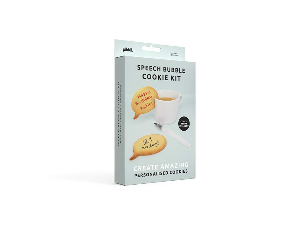 Pikkii Personalised Cookie Cutter Kit | Speech Bubble Cookie Baking Set and Decorating Kit | 2 Pack Stainless Steel Biscuit Cutters, Recipe Card & Refillable Brush Pen Included | Baking for Kids