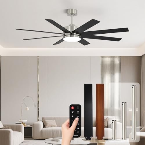 Image of 72 Inch Ceiling Fans with Lights and Remote, Dual Color 8 Blades, Living Room Office Library Cafe Indoor Outdoor Industrial, 3CCT Dimmable, 6 Speed Reversible Quiet DC Motor, Sand-nickel /Wood Grain