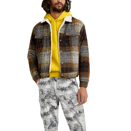 Levi's Men's Sherpa Trucker Jacket, Textured Plaid Tinsel, Medium