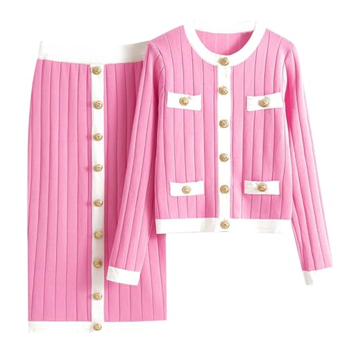 HGps8w Knitted Business Outfits for Women Elegant Colorblock Button Up Cardigan and Bodycon Midi Skirt Dressy 2 Piece Sets