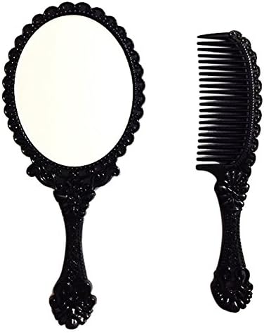 Inpouch Vintage Style Mini Hand Held Mirror Comb Set Makeup Mirror Hair Brush, Black