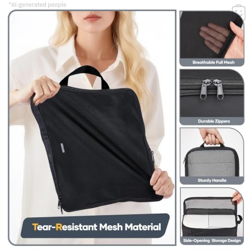 Veken 6/9/11 Set Compression Packing Cubes for Travel Essentials,Compressible Expandable Large Luggage Suitcase Organizer Bags for Clothing,Space Saver Bags with Over 1000 pcs of Mesh Holes(Black) by Veken - Used condition - Image 4