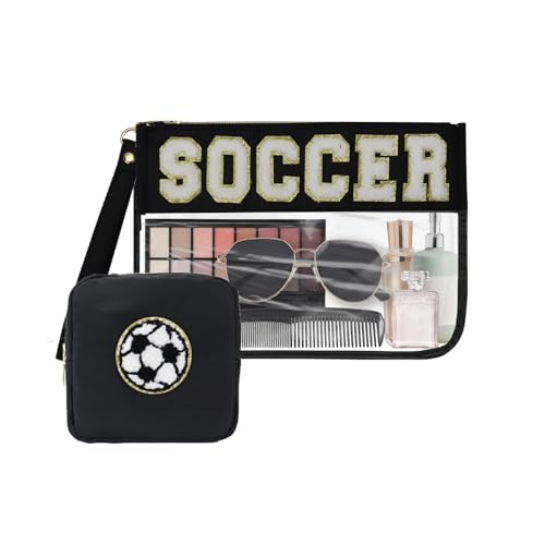 2 Pcs Soccer Snack Bags Team Gifts Cosmetic Makeup Bag with Chenille Letter Patch PVC Organizer Purse,Portable Zipper Waterproof Travel Storage Bag for Mom Women Girls - Main Image
