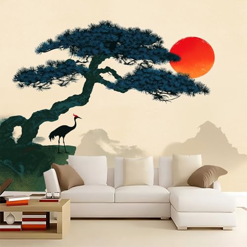 Caqui Papel pintado panorámico no tejido 300 x 210 cm Tamaño personalizado, póster mural gigante 3D, Estilo Chino Montañas Sol Pinos para sala de estar dormitorio o restaurante