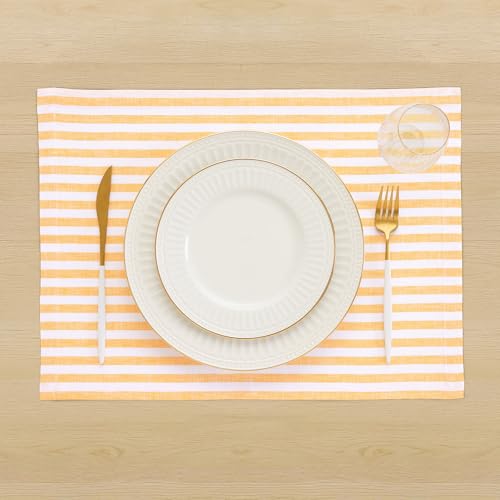 Image of Solino Home 100% Pure Linen Placemats, 14 x 19 in, Mustard Stripe, Set of 4