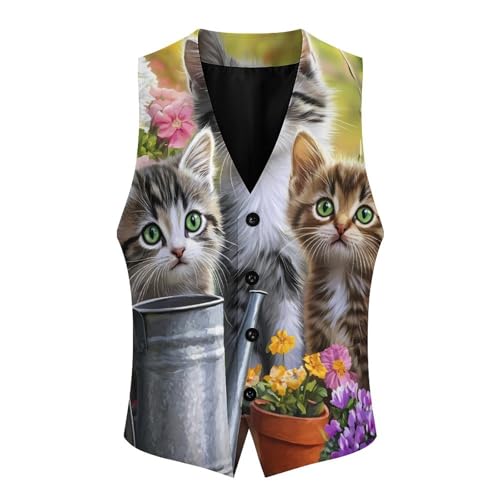 Three Cute Cats Flowers Trendy Vest Suit for Men V Neck Formal Dress Waistcoat Vests Business Slim Fit3