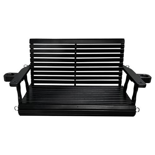 Wooden Porch Swing 2-Seater, High Backrest and Deep Seat, Bench Swing with Cupholders, Hanging Chains and 7mm Springs, Heavy Duty 880 LBS, for Outdoor Patio Garden (Carbon Black - 4 FT Extra Large)