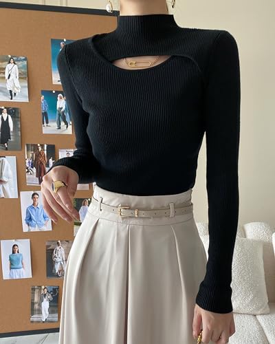 Image of Women Mock Neck Cutout Front Top Long Sleeve Light Weight Ribbed Knitting Sweater Bodycon Casual Shirt