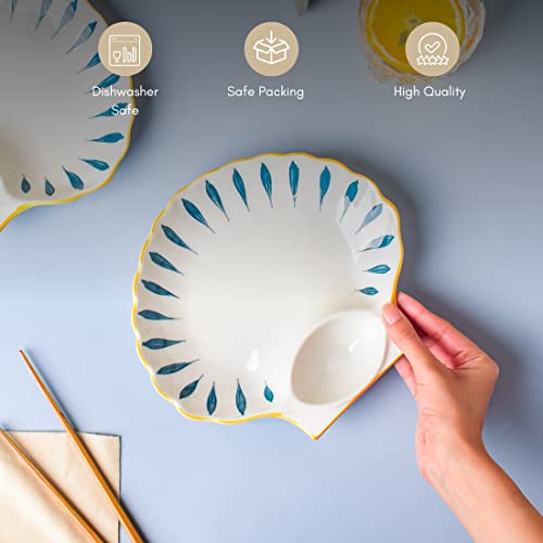 Image of Nestasia Set of 2 Ceramic Shell-Shaped Snack Plate with Dip Section for Chutney | Microwave & Dishwasher Safe Starter Plates | Perfect for Fries, Momos, Sushi, Kebab (White & Blue)