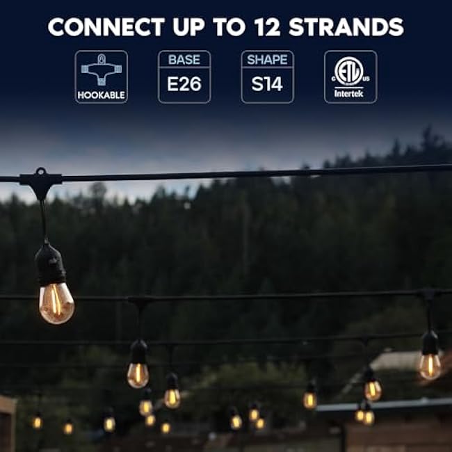 LUXRITE 48FT LED Outdoor String Lights Commercial Grade Waterproof, 24 Edison S14 Shatterproof Bulbs, Hanging Lights for Patio, IP65, Decorative Outside Lights for Backyard Garden Cafe Balcony