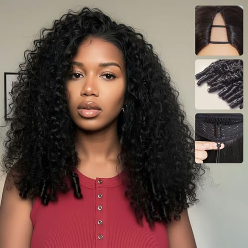 mscoco V Part Wig Human Hair Burmese Curly Glueless Wigs Human Hair Clip In Upgrade U Part Human Hair Wig with Drawstring 180% Density Natural Black 18inch