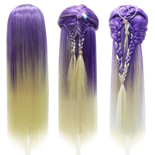 Trainingsköpfe, 28 inch Frisierkopf 100% Synthetikfaser-Haar Übungskopf, Frisurenkopf Ausbildung Kopf Mit Halter + DIY Haar Styling Braid Set (Lila weiß)