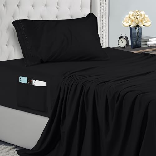 Utopia Bedding Juego de Sabanas 3 Piezas 90x190 - Microfibra De Poliéster, Sábana Bajera con Bolsillos de Almacenamiento, Sábana Plana Y 1 Funda De Almohada Bordadas (Cama 90, Negro)
