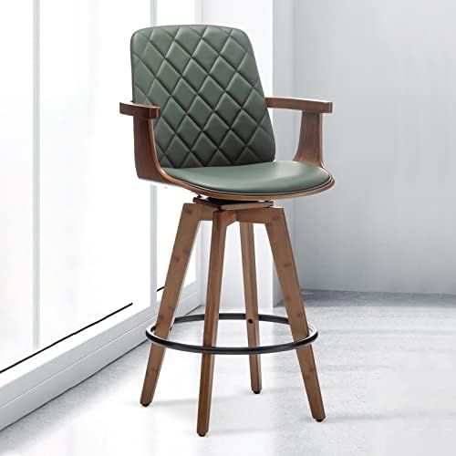 WUPOTO Bar Stools Set of 1, Upholstered Faux Leather Counter Height Bar Stools, Swivel Barstools with Wooden Arms and Legs, 25.6-Inch Seat Height (Green, Pack of 1)