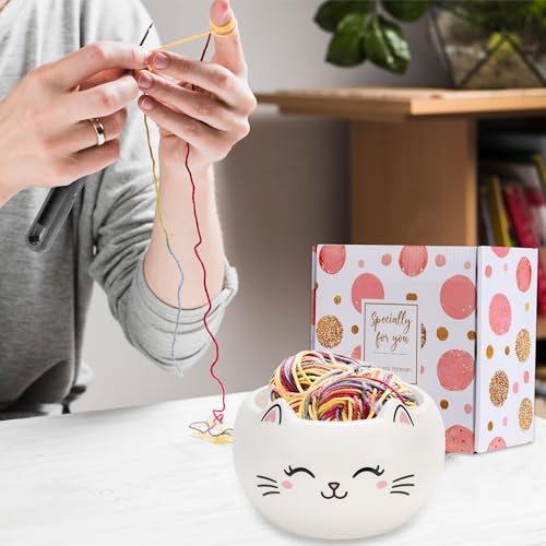 Image of Cat Yarn Bowl for Knitting Cute Ceramic Yarn Bowl Crochet Accessories Large Yarn Holder Storage Gift for Knitters Crocheters