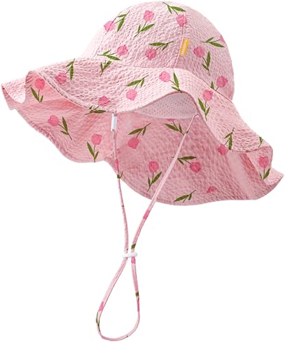 Image of HONGTEYA Baby Sun Hat Toddler Girl Beach Hat Sun Protection Adjustable Outdoor Summer Wide Brim Bucket Hat for Infant Kids