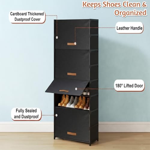 Image of Shoe Storage Organizer Stackable Shoe Box with Door Universal Size Shoe Organizer Multi Purpose Space-Saving Shoe Box for Men and Women (4 Rack) (Black, 8 Layer)