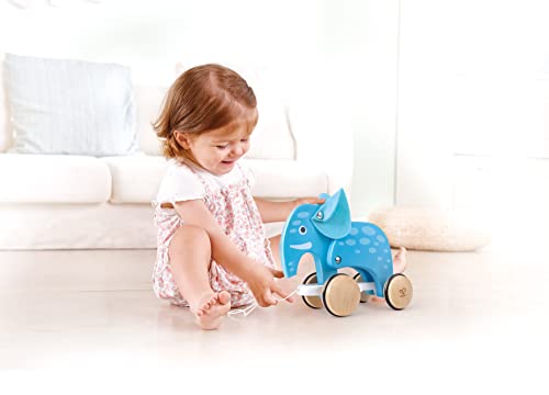 Image of Hape: Pull Along - Elephant - Blue - Wooden Animal Toy, Rubber Rimmed Wheels, Encourages Walking, Push & String Pull, Kids, Baby & Toddler, Age 12 mo+