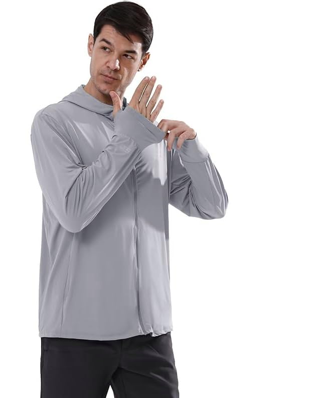 XL Grey Full Length Men's UV Protection Jacket With 4 Pocket, Lightweight Summer Sun Screen Hoodie, UPF 50+ Protection for Outdoors, Long Full Zipper Sun Protection Jacket- FIT 70-90 KG