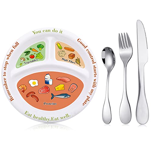 Eaasty 4 Pieces Bariatric Portion Control Plate Stainless Steel Silverware Flatware Set Tableware Cutlery Set Diet Plate for Balanced Eating Weight Loss Serving Decorations
