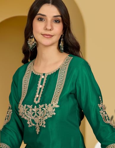 Image of Amazon Brand - Tavasya Women Silk Blend Zari Sequence Thread Embroidered Kurta with Palazzo |Ethnic Wear