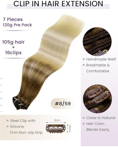 Image of LaaVoo Human Hair Clip In Extensions, For Date Night, 16 Inch | Blonde Ends Ombre Starting From Light Brown Roots, 120g 7pcs, Hair Extensions Clip Ins, Smooth, Natural Shine