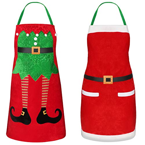 Syhood 2 Pieces Christmas Elf Kitchen Aprons Santa Claus Red Aprons Set for Christmas Party Cooking Restaurant House Cleaning Gardening Baking