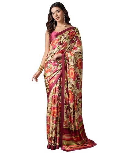 Image of AKHILAM Women's Multicolor Satin Silk Floral Printed Saree With Unstitched Blouse (SATIN1403 RJ11 Parent)
