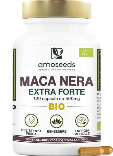 Maca Peruviana Nera BIO, 10 000mg al giorno | Estratto di radice di Maca di Qualità superiore | Equilibrio Ormonale, Energia, Benessere, | 120 Maca Capsule Vegane