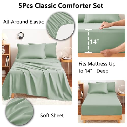 Image of CozyLux Twin Comforter Set with Sheets Sage Green - 5 Pieces Bed in a Bag Twin, All Season Bed Set for Girls and Boys, Bedding Set with Down Alternative Comforter, Sheets, Pillowcase & Sham