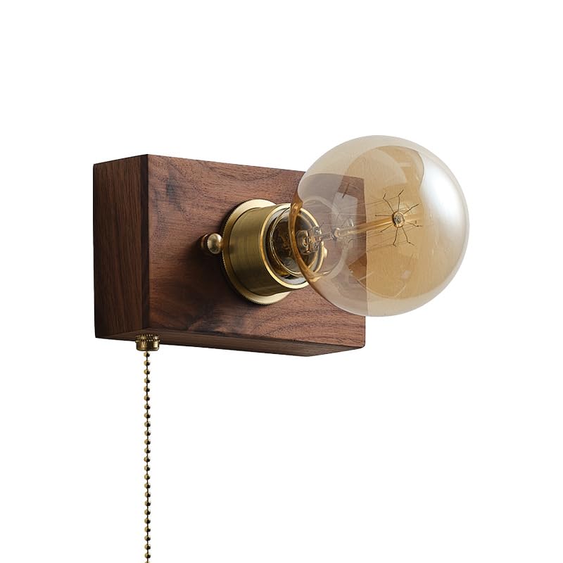Holz Wandlampe Innen mit Zugschalter Wandleuchte E27 Lampe mit Schalter Vintage Industrial Bettlampe Nachtlicht für Schlafzimmer, Wohnzimmer, Treppen, Korridor, Restaurant(ohne Leuchtmittel)