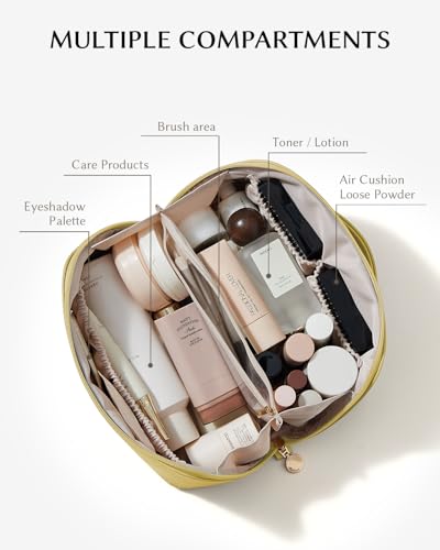 Image of EACHY Travel Makeup Bag, Large Capacity Cosmetic Bag for Women, Waterproof PU Leather, Flat Open Portable Toiletry Bag for Skincare, Brushes & Travel Essentials