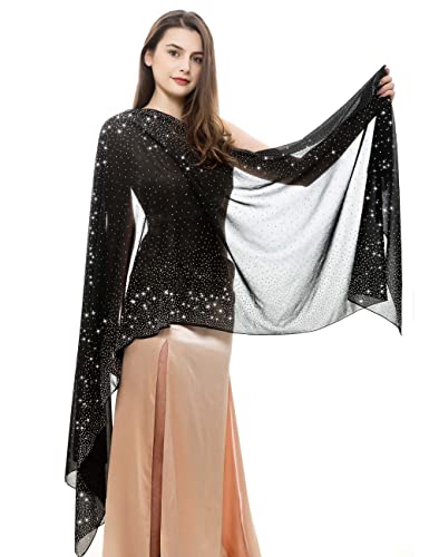 REEMONDE Womens Rhinestones Pashmina Shawls and Wraps for Evening Dresses Chiffon Shawl Sparkly Scarf