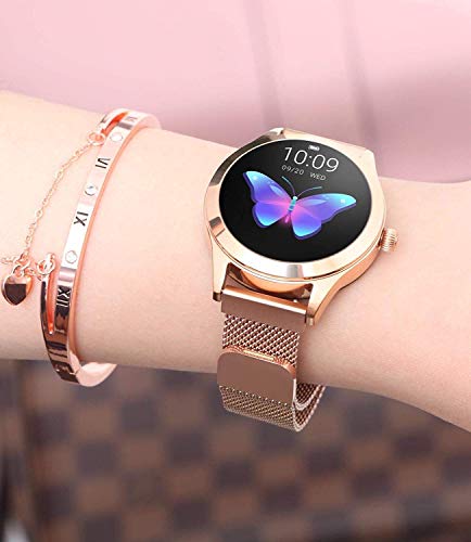 RanGuo Smartwatch für Damen, Bluetooth, IP68, wasserdichtes Sportarmband für Android und iOS System-Smartphones, unterstützt Anruferinnerungen und Nachrichtserinnerungen (Stahlband, Gold)
