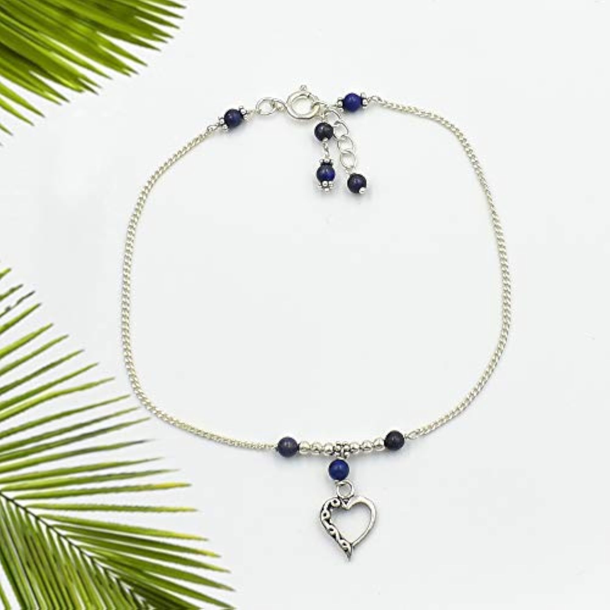 Women's Natural Lapis Lazuli Gemstone & Heart Charm Beaded Anklet