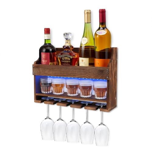 انجو رف مشروبات يثبت على الحائط، رف زجاجي خشبي باضاءة LED، ر...
