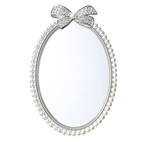 Miroir de table ovale cadeau chic argent brillant strass perles blanches