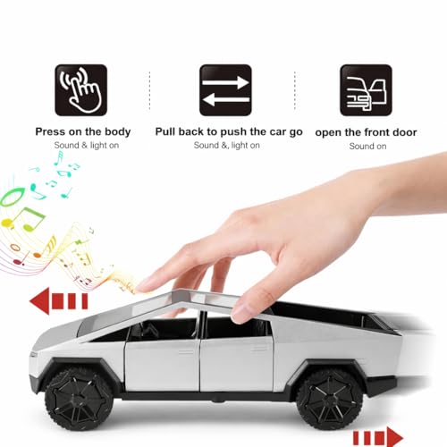 Image of Tesla Cybertruck Die-Cast Toy Car 1:36 Scale, Metal Alloy Model with Lights & Sound | Pull Back Action Car |Openable Doors & Hood | Realistic Mini Truck for Kids Boys Gift & Collectors