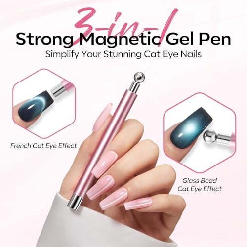 Image of modelones Cat Eye Magnet Set,5PCS 3-in-1 Dual-Head Nail Magnet Pen with Heart, Lightning & Sphere Shapes for Cateye Gel Polish, Side Light Wide Light Glass Glow Effects DIY Nail Art Tool(Magnet Only)