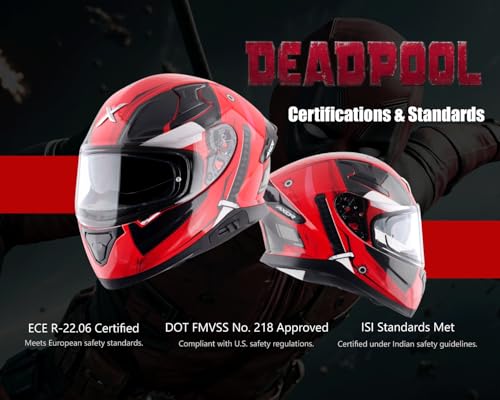 Image of Axor Apex Marvel Deadpool ISI ECE DOT Certified Full Face Dual Visor Helmet for Men and Women Dual EPS Protection with Pinlock Fitted Outer Clear Visor and Inner Smoke Sun Visor Red Black-L