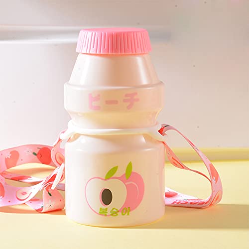 Send matching straps480ml Plastic Water Bottle Tour Drinking Bottle Yakult Shape Cute Kawaii Milk Carton Shaker Bottle for Kids Girl Glass (Peach White)